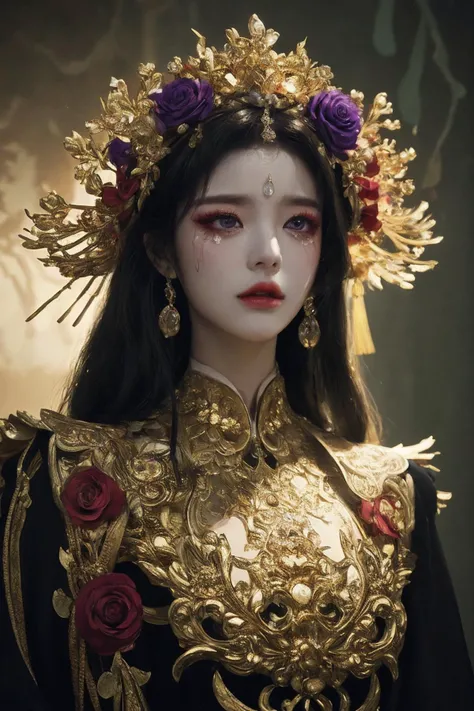 cinematic photo official art,unity 8k wallpaper,ultra detailed,aesthetic,masterpiece,best quality,photorealistic,entangle,purple rose,tangle,entangle,1girl,chinese woman,(full body:1.2),Glowing eyes,tears,Golden eyeshadows,ecstasy of flower,dynamic angle,the most beautiful form of chaos,elegant,a brutalist designed,Gradient colours,romanticism,film,professional,highly detailed,skin detail realistic,Glass fragments,Shimmering Crysta,looking at viewer,<lora:drama_20231201221819-000007:0.7>,applying_makeup,drama,