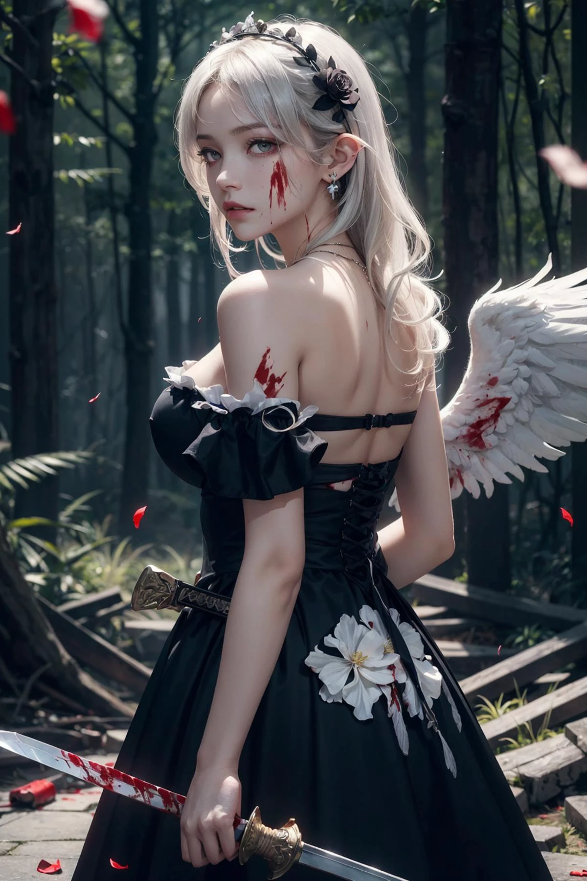 masterpiece, ultra high res, Arknights, masterpiece, [dusty color], [beautiful detailed sketch], soft light, [blurry texture], 1girl, solo, (an extremely delicate and beautiful girl), large_breasts, looking at sky, (white_hair), very_long_hair, wavy hair, expressionless, expressionless eyes, red_eyes, longeyelashes, beautiful detailed eyes, ((blood)), closed mouth, hair_flower, earrings, flower ribbon, pointy ears, gothic_ta, off_shoulder, black_dress, sleeveless_dress, cross necklace, ((dorsal wings on girl's back)), ((angel wings on girl's back)), navel, night, full_moon, cloudy, spruce, (burning_forests), (fire), fire shine on the face, flame, fighting_stance, (windy), (white_feathers), falling_rose petals, (in_ruins), blurry background, fantastic streamer, brilliant galaxy, walking, boots, ((swords)), 1girl, solo, looking at viewer, masterpiece, ultra high res, (photorealistic:1.4), (photorealistic:1.4), Best quality, Best qualityclose shot,upper_body,