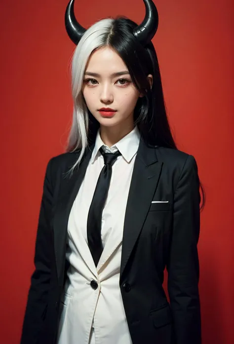 (Masterpiece:1.2), best quality, (illustration:1.2), (ultra-detailed), hyper details, masterpiece, best quality, (1girl +1man:1), (goth girl next to handsome man with black hair:1), long hair:1, white hair, smirk, evil stare, cute girl, black and red suit, black tie, red horns, red background, dead set eyes, halo,