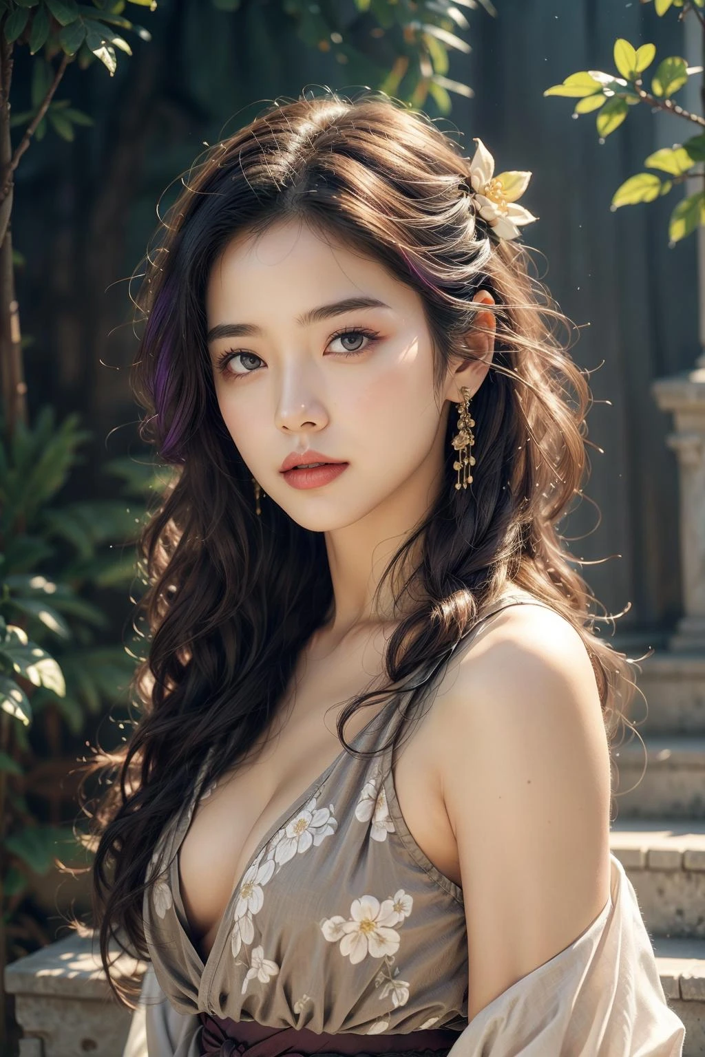 ,(1girl), raiden_shogun, purple eyes, purple hair, hair ornament, obi, sash, shoulder armor, cleavage, looking at viewer, long hair, park, lawn,stone stairs, (flowers:1.2),lake,sunshine,mountains,(photo-realistic,ultra realistic 8k CG:1.2),perfect artwork,delicate pattern, <lora:TLwindow:0.6> <lora:add_detail:0.6>