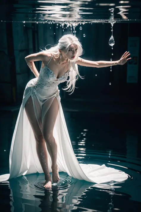 (dramatic, gritty, intense:1.4),masterpiece, best quality, 8k, insane details, intricate details, hyperdetailed, hyper quality, high detail, ultra detailed, Masterpiece,,1girlï¼soloï¼underwaterï¼bubbleï¼air bubbleï¼jewelryï¼bare shouldersï¼skirt holdï¼wet clothesï¼,white dressï¼earringsï¼makeupï¼long dressï¼(full body:1.0)ï¼barefootï¼puffy sleevesï¼floatï¼(long hairï¼white hair:1.4)ï¼,blue themeï¼realisticï¼Black backgroundï¼ Water as smooth as a mirror, beautiful detailed water, reflection pool, dynamic angle, floating,,(Real waterï¼Realistic waterï¼flowing water:1.5)ï¼ripplesï¼art