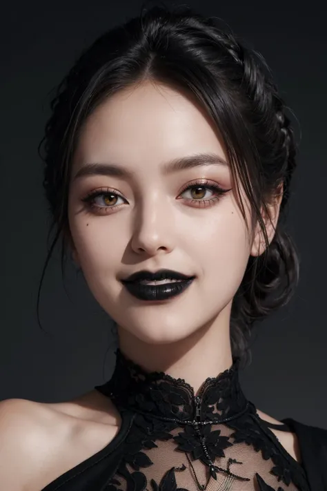 Best quality, masterpiece, ultra high res, photorealistic, raw photo, unity 8k wallpaper,<lora:punk_v0.2:0.8>,(black lips:1.3),(black eyeshadow:1.3),parted lips,,(evil smile:1.1)