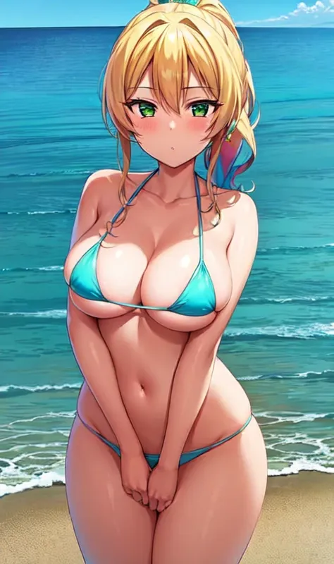 masterpiece, best quality, ultra-detailed, illustration, 1girl, (cowboy shot:1.4), (looking at viewer:1.4), micro bikini, beautiful detailed eyes, beautiful detailed glow, lots of glow, seascape, beach, sand,  <lora:yame_yukana:1>, yame yukana,