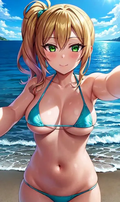 masterpiece, best quality, ultra-detailed, illustration, 1girl, (cowboy shot:1.4), (upper body:1.4), micro bikini, beautiful detailed eyes, beautiful detailed glow, lots of glow, seascape, beach, sand,  <lora:yame_yukana:1>, yame yukana, selfie, side ponytail,