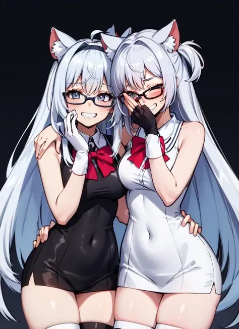 ((best quality)), ((highly detailed)), absurdres, (detailed eyes, deep eyes), (1girl), (glasses), <lora:laughing_girls_meme_v1:.7>, girlsmeme, (2girls), grin, <lora:Iphone-ChanV1:.9>, phnChan, long hair, white hair, (grey eyes), half-closed eyes, animal ears, tail, black bow, sleeveless shirt, leotard, fingerless gloves, white thighhighs, holding cellphone, (inside, in a garage, car)