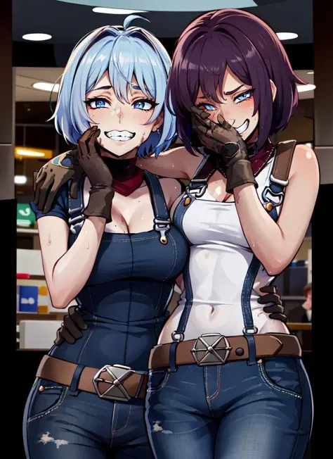 ((best quality)), ((highly detailed)), absurdres, extremely detailed face, beautiful face, (detailed eyes, deep eyes), (1girl), <lora:laughing_girls_meme_v1:.9>, girlsmeme, (2girls), grin, mechanic, short hair, ((dirty, dirty face)), sweat, medium breasts, grin, overalls, cleavage, belt, pants, gloves, boots, wrench, (inside, at a shopping mall)