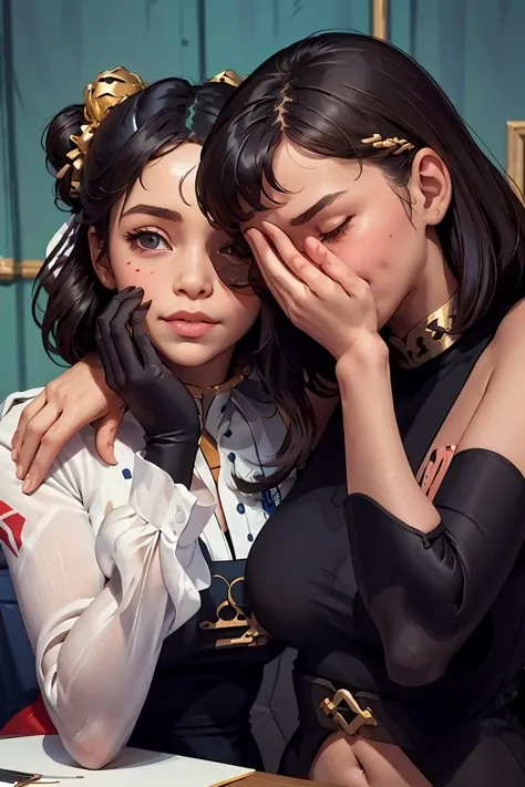 Masterpiece, dynamic composition, ((2 females)), queen dominating her maid, queen tying up her maid, maid tied by queen, masturbating, fingering her, scared, bdsm, bound, bondage, tied up, bound together, shibary, beautiful bodies, dynamic shot, dark, low light, cold blue light, high contrast