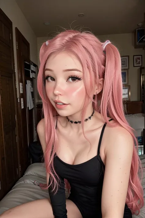 There is a woman with pink hair and a pink top, linda Delphine, Sakimichan, cara ahegao, pele rosa lisa, cabelo rosa twintail e olhos cianos, menina bonito com cabelo rosa curto, com cabelo rosa, kawaii retrato realista, rosto bonito claro, Menina anime na vida real, Ulzzang, Guweiz, cabelo liso rosa