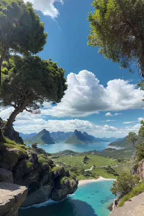 best quality, masterpiece, ultra high res, (photo realistic:1.4), a magnificent landscape with sky, mountains, and floating islands, by Bob Ross, with happy little clouds and trees, 8k