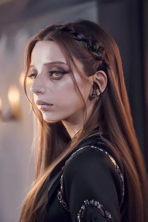 lora_sarafyan_girl, <lora:lora_sarafyan_girl_01t:1>, a woman with long hair and a black dress, cynical face, long chin, long braided hair on top of head, condescending, photo from the side, wearing eye shadow, cold, suspicious, slight smirk, envious, disgusted, skeptical,