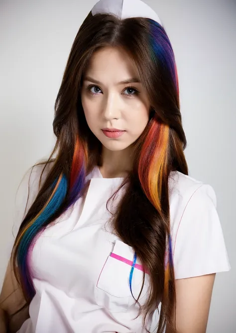 1girl, solo, upper body, looking at viewer, white background, long hair, nurse, sexy nurse, multicolored hair, <lora:Shawni-01:1>