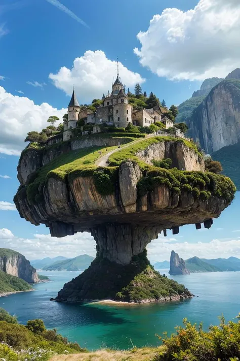 best quality, masterpiece, ultra high res, (photo realistic:1.4), a magnificent landscape with sky, mountains, and floating islands, by Bob Ross, with happy little clouds and trees, 8k