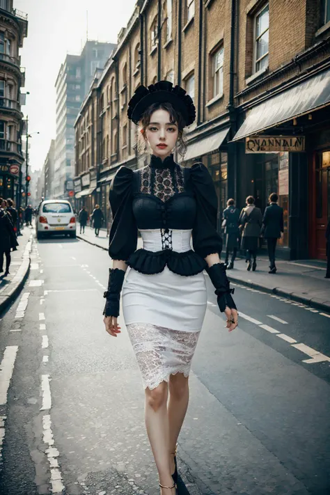 1girl,london city street,(masterpiece, raw photo, fashion editorial),white blue gold shot,Lace skirt, <lora:SteamPunkMachineryv2:0.4>,(Victorian age),Depth of Field,