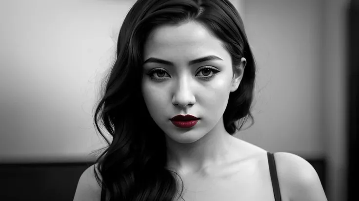 1girl, (dark red lipstick:1.3), sad smile, long eyelashes, black and white,
24mm, 4k textures, soft cinematic light, adobe lightroom, photolab, hdr, intricate, elegant, highly detailed, sharp focus, ((((cinematic look)))), soothing tones, insane details, intricate details, hyperdetailed, low contrast, soft cinematic light, dim colors, exposure blend, hdr, faded