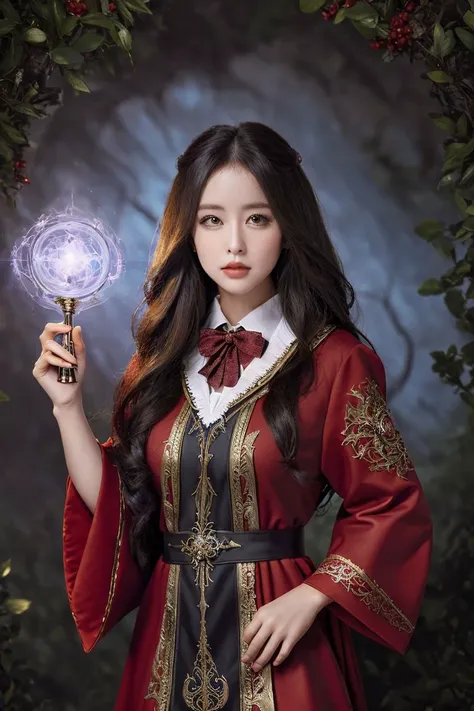 sharp focus, highly detailed, masterpiece, 1girl, collared robes, (fantasy background),  (magic aura), style of Ed Binkley