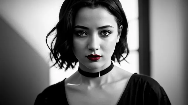 1girl, (dark red lipstick:1.3), sad smile, long eyelashes, black and white, choker
24mm, 4k textures, soft cinematic light, adobe lightroom, photolab, hdr, intricate, elegant, highly detailed, wide focus, ((((cinematic look)))), soothing tones, insane details, intricate details, hyperdetailed, low contrast, soft cinematic light, dim colors, exposure blend, hdr, faded