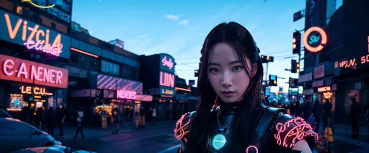 leica photograph, absurdres, extremely detailed, cinematic lighting, photorealistic, (smile:0.8), wide shot, look at the camera, Victoria's secret model, futuristic outfit, neonpunk city, neon light, <lora:KPOP LE SSERAFIM Kazuha_leSserafimKazuhaV1:1> sserafimkazuha,