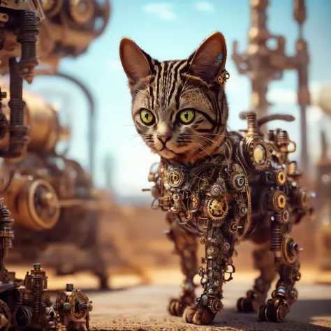 (1 cyberg cat,:1.2),hyperdetail,8k,movie, 8k,mechanical body,
steampunk, mecog,steampunk, depth_of_field, realistic, no_humans, gears,
<lora:Steampunkcog:0.85>