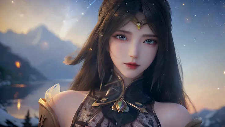 <lora:monv:1>,monv,<lora:bg_imgs-10:0.6>,bg_imgs,portrait,(((masterpiece))), ((the best quality, super fine illustrations, beautiful and delicate water)), ((very delicate light)), ((nature, painting)), ((fine lighting, more transparent stars, high-quality snowflakes, high-quality mountains, very fine 8KCG wallpapers)), (plateau), (((snow mountain))), sunrise, randomly distributed clouds, (snow field), cliff, ((rotating star sky)), ((lake in mountain stream)), luminous particles,wallpaper,colorful,highres,absurdres,huge filesize,fantasy,(Protagonist in the center:1.2),bust,foreshortening,black dress,panorama,wide_shot,cowboy_shot,, best quality , masterpiece, illustration, an extremely delicate and beautiful, extremely detailed ,CG,unity,8k wallpaper, Amazing, finely detail, masterpiece, best quality,official art,extremely detailed CG unity 8k wallpaper,absurdres, incredibly absurdres, huge filesize , ultra-detailed, highres, extremely detailed,beautiful detailed girl, extremely detailed eyes and face, beautiful detailed eyes,light on face,