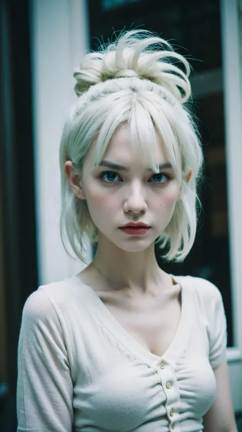 an evil demonic woman,
white hair, blue eyes, short messy hair,
arrogant mood,
analog photo