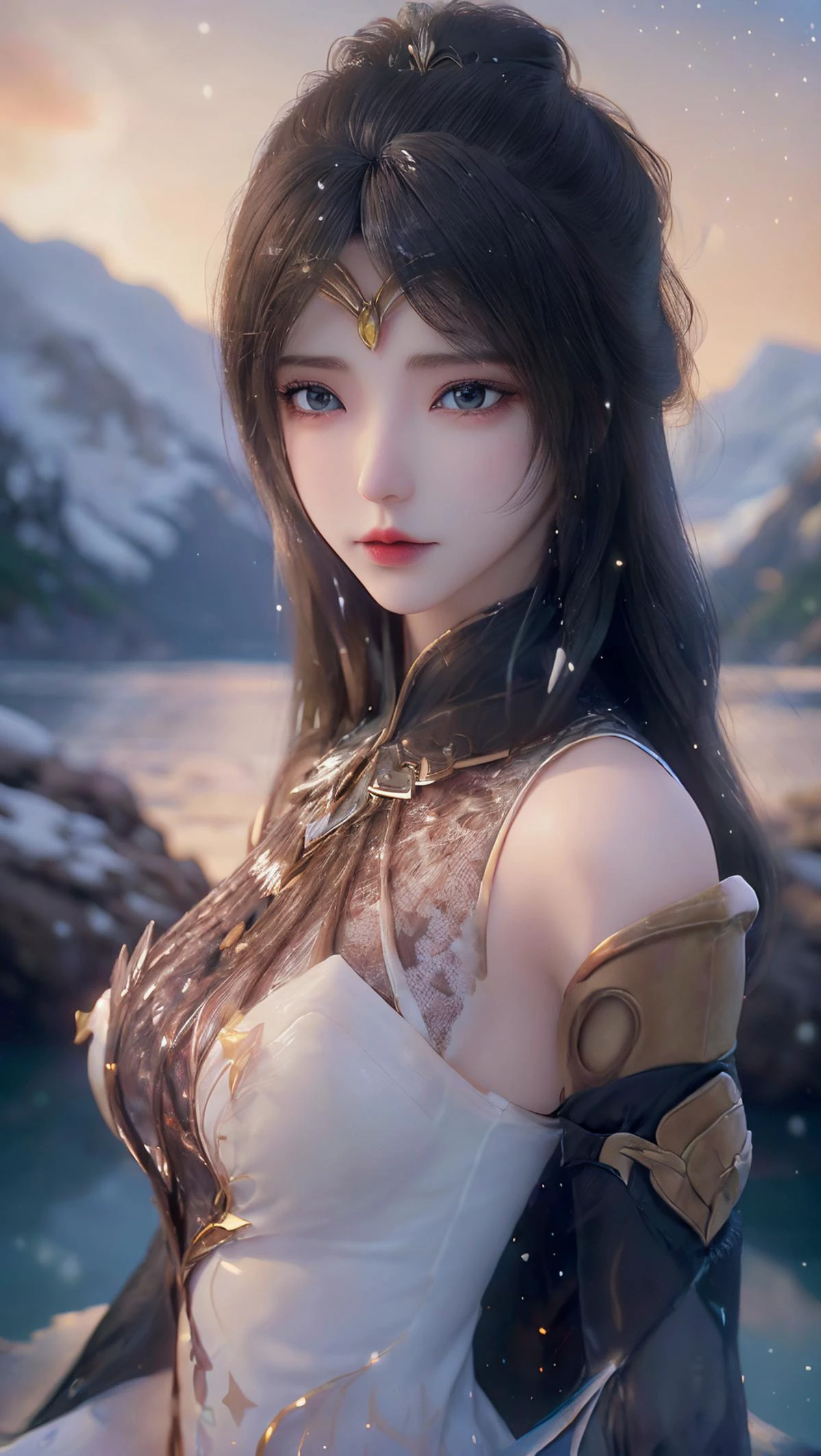 <lora:monv:1>,monv,<lora:bg_imgs-10:0.6>,bg_imgs,portrait,(((masterpiece))), ((the best quality, super fine illustrations, beautiful and delicate water)), ((very delicate light)), ((nature, painting)), ((fine lighting, more transparent stars, high-quality snowflakes, high-quality mountains, very fine 8KCG wallpapers)), (plateau), (((snow mountain))), sunrise, randomly distributed clouds, (snow field), cliff, ((rotating star sky)), ((lake in mountain stream)), luminous particles,, best quality , masterpiece, illustration, an extremely delicate and beautiful, extremely detailed ,CG,unity,8k wallpaper, Amazing, finely detail, masterpiece, best quality,official art,extremely detailed CG unity 8k wallpaper,absurdres, incredibly absurdres, huge filesize , ultra-detailed, highres, extremely detailed,beautiful detailed girl, extremely detailed eyes and face, beautiful detailed eyes,light on face,