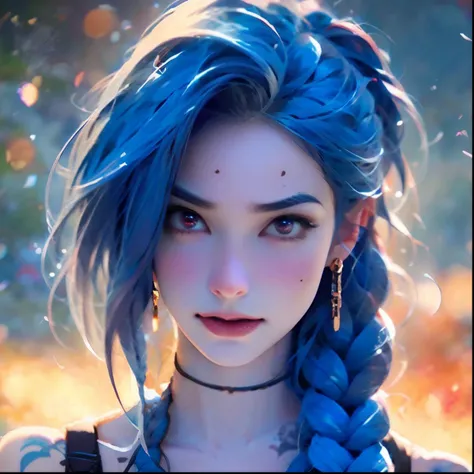 1girl, ,best quality, red eyes, (mole:1.3), sex,  <lora:Jinx means jinx:1.1>,Full body close-up,Dim background, double braids, blue hair, tattoos in the shape of clouds,(Small_face:1.5),(Clean face:1.5),, (masterpiece:1,2), best quality, masterpiece, highres, original, extremely detailed wallpaper, perfect lighting,(extremely detailed CG:1.2), drawing, paintbrush,