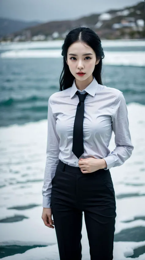 best quality,
business casual, The Arctic Ocean, Stormy weather, alien