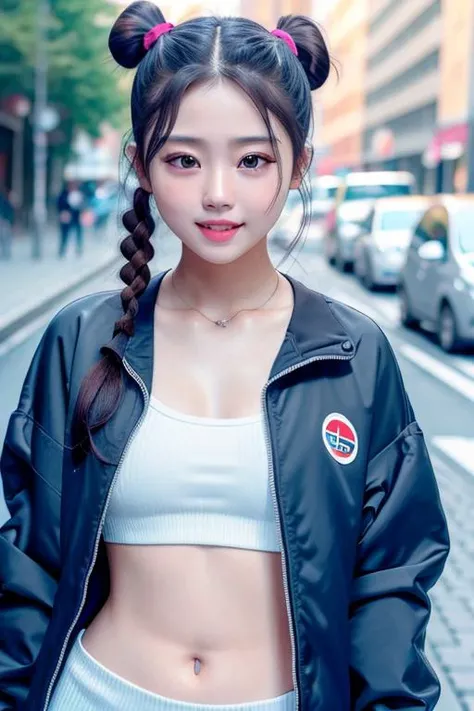 best quality, ultra high res, (photorealistic:1.4), 1girl, loose and oversized jacket, topless, (blue yoga pants:1), (Kpop idol), (aegyo sal:1), black hair, small breasts, tiny boobs, flat chested, (light brown short ponytail:1.2), mask, ((puffy eyes)), long legs, looking at viewer, smiling, cute, full body, streets, outdoors
(highly detailed face:1.1),
(PureErosFace_V1:1.1),tiktok,