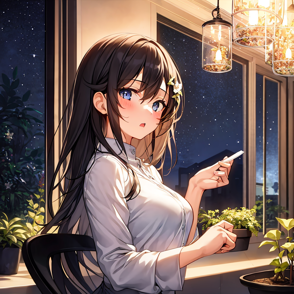 Anime girl with long black hair holding a cell phone - SeaArt AI