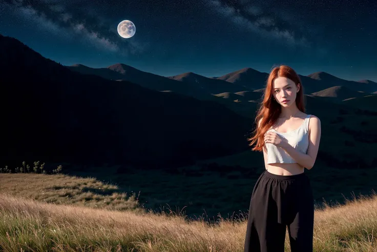 full body, portrait of cute redhead girl, standing on a lavender field, motion, wispy hair, realism, high-quality rendering, film grain, Fujifilm XT3, dreamy, acne, freckled, blemish, 85mm, nikkor, fuji provia, fuji portra, night, (stars:1.2), starry sky, milky way, moon, moonlight, astrophotography, backlight, darkness, dark, (underexposed:1.3), rimlight, <lora:epiNoiseoffset_v2:1.8>