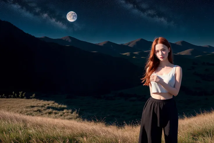 full body, portrait of cute redhead girl, standing on a lavender field, motion, wispy hair, realism, high-quality rendering, film grain, Fujifilm XT3, dreamy, acne, freckled, blemish, 85mm, nikkor, fuji provia, fuji portra, night, (stars:1.2), starry sky, milky way, moon, moonlight, astrophotography, backlight, darkness, dark, (underexposed:1.3), rimlight, <lora:epiNoiseoffset_v2:1.8>