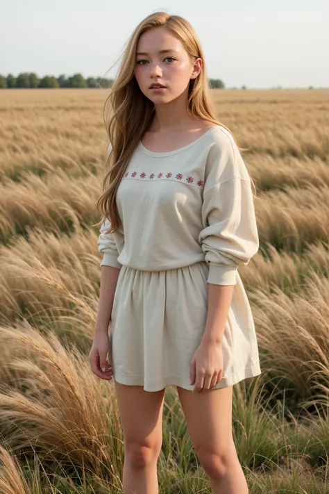 full body, portrait of cute blond girl, standing on a wheat field (((looking away))), bloom, orange fog, motion, wispy hair, realism, high-quality rendering, stunning art, high quality, film grain, Fujifilm XT3, dreamy, acne, freckled, blemish