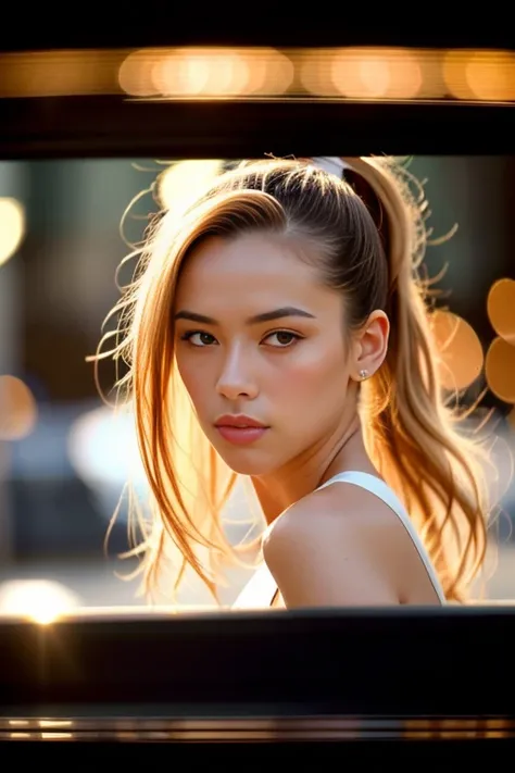 fashion shoot, A high resolution color film photograph of a stunningly sexy slender teen model (waist up) with hair in a messy ponytail wearing a (white crop top) (tight jean shorts), on the Vegas strip, 85mm, f/1.2, close-up, portrait, shafts of light, cinematic lighting, dramatic lighting, golden hour, street lights, detailed skin, kodak porta 400, telephoto, looking at camera, upstage lighting, dark,  perfect figure, cinematic, ((((bokeh)))) <lora:epiNoiseoffset_v2:1>