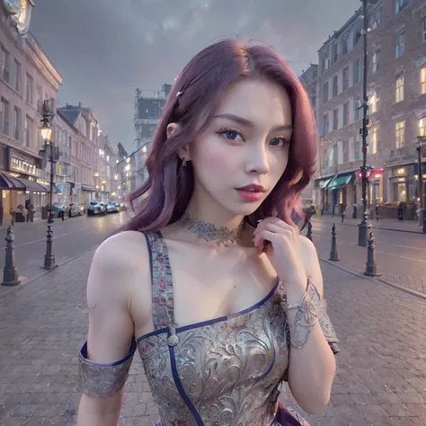 (masterpiece), (detailed), 1girl, (masterpiece,photorealistic), (extremely intricate details,),1girl,solo,intricate detailed background,picturesque scnery,(((shoulder-length cut))),<lora:russianDollLikeness_v3:0.2>, <lora:koreanDollLikeness_v15 (1):0.3>, 7F00FF colored hair, (night street:1.2),feet out of frame