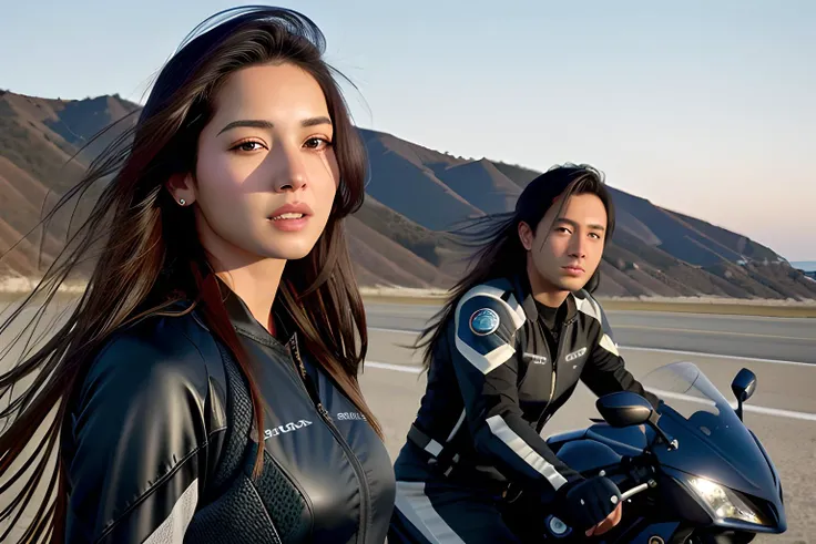 Realistic fullbody shot a (cute woman:1.2) with long hair, (in a motorcycle suit:1.2), (rides a sports motorcycle:1.2) on a (coastal highway:1.2), (high detail:1.6), spontaneous , urban , cultural , by Vivian Maier, Fan Ho, Garry Winogrand, Elliott Erwitt, Martin Parr, realistic, detailed, textured, skin, hair, eyes, by Alex Huguet, Mike Hill, Ian Spriggs, JaeCheol Park, Marek Denko