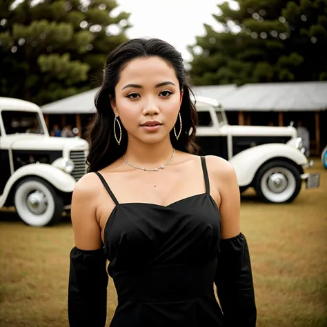 women dancing in a black dress[sliver inlays], beautiful face,in the background a yard full of old vehicles