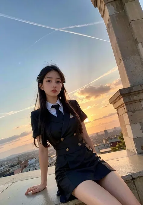 <(photorealistic:1.4), (extremely intricate:1.2)>, pale skin, dutch angle, from above, 1girl, (sitting at top of tower:1.3), (blue and white school uniform:1.1), skirt, (detailed beautiful eyes:1.28), very long wavy hair, (blue sky:1.1), clouds, (ancient architecture floating at very high sky:1.28), (wind:1.1), blush, BREAK, <(exquisitely detailed skin), cinematic light, ultra high res, 8k uhd, film grain, perfect anatomy, best shadow, delicate, RAW>,