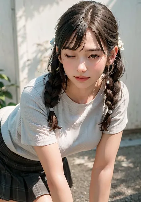 <(photorealistic:1.4), (extremely intricate:1.2)>, pale skin, 1girl, solo, twin braids, one eye closed, black hair, short sleeves, looking at viewer, long hair, brown skirt, bangs, white striped shirt, smile, lips, upper body, standing, (leaning forward:1.3), twintails, pleated skirt, black eyes, straight-on, leg support, BREAK, <(exquisitely detailed skin), cinematic light, ultra high res, 8k uhd, film grain, perfect anatomy, best shadow, delicate, RAW>,