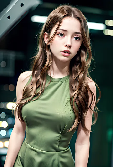 (masterpiece, best quality:1.4), realistic, photorealistic, 1girl, solo, female, [cute], stunningly beautiful, medium breast, slender, (green dress:1.5), (long brown hair:1.5), highly detailed eyes, soft eyes, (brown eyes:1.5), realistic pupils, (curly hair:1.4), (parted bangs:1.3), full lips, (close up), (embarrassed, ashamed:1.3), (sweatdrop:1.3), freckles, (looking at viewer:1.2), highly detailed skin, skin pores, subsurface scattering, absurdres, perfect anatomy, realistic proportions, perfect lighting, sharp focus, 85mm lens, studio lighting, vibrant, film still, photographed by Canon EOS R6, 135mm, 1/1250s, f/2.8, ISO 400, photograph