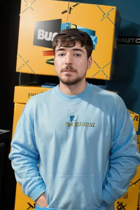a man, in front of a stack of blue gift boxes, [upper body], (close up:1.3), 8k, raw, uhd, fujifilm x-t3, ((candid, amateur)), <lora:mrBeast:1>