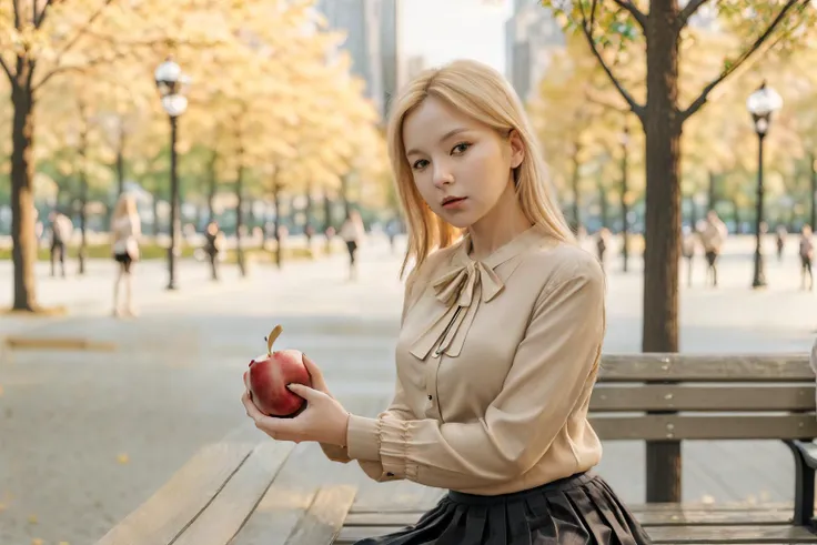 [blonde woman sitting on the bench holding a small apple, medium shot, beige blouse, black skirt, golden ratio:blonde woman holding a small apple, park bench, V-neck beige blouse, long godet black skirt:0.25], [irritated expression, angry:0.3], city park background, [photo portrait, photograph, raw photo, global illumination:0.35], [ultra realistic, (studio quality):0.5]