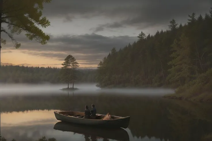 distant rowboat with two people, forest lake, dark, twilight, [(wide shot), long shot, from the bank:clouds, birch, fog, stars:0.2], [couple in a boat, romantic:0.4]