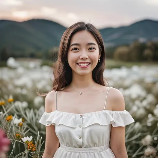 1girl, smiley face, white flax dress, wind, (flared hemlines), thin,
detailed background filled with (many:1.1) (colorful:1.1) (flowers):1.1, (quality:1.1), (photorealistic:1.1), (resolution:1.1), (sharpness:1.1), (cinematic lighting), depth of field,
Canan EOS R6, 135mm, 1/1250s, f/2.8, ISO 400,