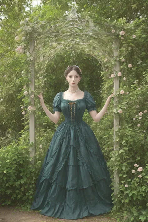 a beautiful woman in her twenties, perfect face, [(detailed face), ((detailed facial features)):0.4], [full body::0.4], victorian era dress, [ball gown::0.4], garden, [sky::0.4], masterpiece, high quality, best quality, [delicate pattern, intricate detail, [soft rim light], detailed foliage, flowers:0.4], garden alcove bower