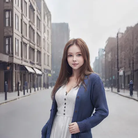 beautiful brown-haired woman photo, high resolution, portrait, [white dress, dark blue cardigan::0.6], [long shot, full body, relaxed pose::0.4], [detailed face, serene smile, blue eyes, white skin, no makeup:0.4], [[brown leather boots, [business|good] style, attractive body::0.6]:0.2], [looking at the [camera|viewer], studio lighting, indirect light:0.4], [intricate details, fine details:0.6], best quality, studio quality, city background