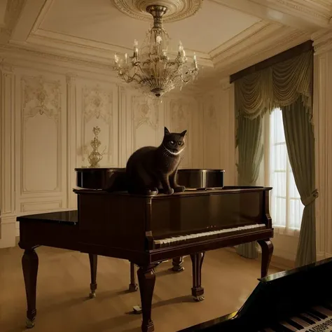 [(cat on top of the grand piano):((cat on top of the [grand piano|piano])):0.2], [hall with green walls, [white curtains], [[parquet floor]]:0.2], [[vintage illumination], [[volumetric lighting]], best quality:0.4], [[intricate details], [fine details]:0.5]