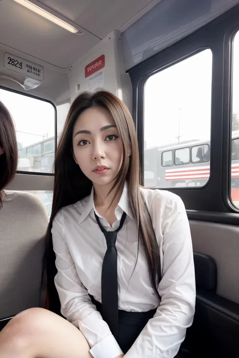 woman age 28. sitting on the bus on the way to work at the office.