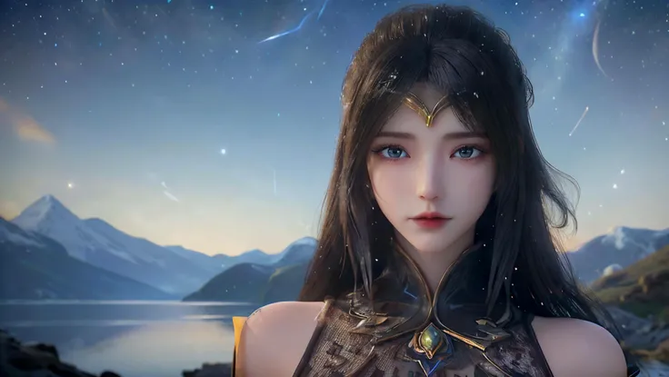 <lora:monv:1>,monv,<lora:bg_imgs-10:0.6>,bg_imgs,portrait,(((masterpiece))), ((the best quality, super fine illustrations, beautiful and delicate water)), ((very delicate light)), ((nature, painting)), ((fine lighting, more transparent stars, high-quality snowflakes, high-quality mountains, very fine 8KCG wallpapers)), (plateau), (((snow mountain))), sunrise, randomly distributed clouds, (snow field), cliff, ((rotating star sky)), ((lake in mountain stream)), luminous particles,wallpaper,colorful,highres,absurdres,huge filesize,fantasy,(Protagonist in the center:1.2),bust,foreshortening,black dress,panorama,wide_shot,cowboy_shot,, best quality , masterpiece, illustration, an extremely delicate and beautiful, extremely detailed ,CG,unity,8k wallpaper, Amazing, finely detail, masterpiece, best quality,official art,extremely detailed CG unity 8k wallpaper,absurdres, incredibly absurdres, huge filesize , ultra-detailed, highres, extremely detailed,beautiful detailed girl, extremely detailed eyes and face, beautiful detailed eyes,light on face,