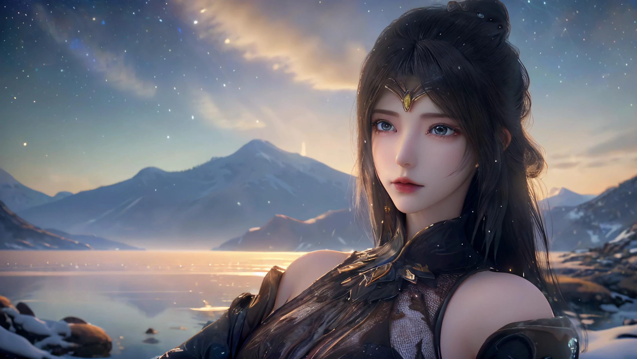 <lora:monv:1>,monv,<lora:bg_imgs-10:0.6>,bg_imgs,portrait,(((masterpiece))), ((the best quality, super fine illustrations, beautiful and delicate water)), ((very delicate light)), ((nature, painting)), ((fine lighting, more transparent stars, high-quality snowflakes, high-quality mountains, very fine 8KCG wallpapers)), (plateau), (((snow mountain))), sunrise, randomly distributed clouds, (snow field), cliff, ((rotating star sky)), ((lake in mountain stream)), luminous particles,wallpaper,colorful,highres,absurdres,huge filesize,fantasy,(Protagonist in the center:1.2),bust,foreshortening,black dress,panorama,wide_shot,cowboy_shot,, best quality , masterpiece, illustration, an extremely delicate and beautiful, extremely detailed ,CG,unity,8k wallpaper, Amazing, finely detail, masterpiece, best quality,official art,extremely detailed CG unity 8k wallpaper,absurdres, incredibly absurdres, huge filesize , ultra-detailed, highres, extremely detailed,beautiful detailed girl, extremely detailed eyes and face, beautiful detailed eyes,light on face,