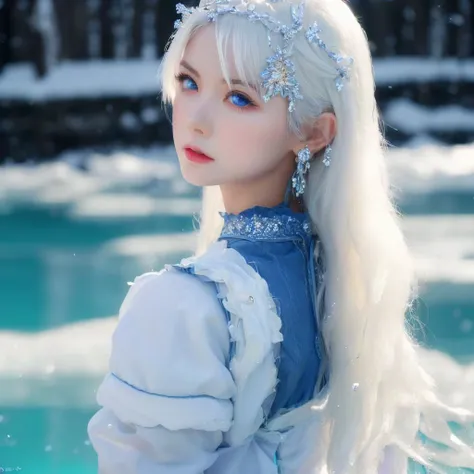 1girl,(solo:1.2),dancer,teenager,fair_skin,glamor,slender face,triangular face,truth,authentic,huge filesize,wallpaper,realistic,beautiful girl,perfect face,Asian women,white hair,hime cut,looking_back,Make up lightly,blue eyes,Sharp face,Hold a weapon,mid_shot,beautiful detailed glow,(detailed ice),beautiful detailed water,Ice and snow,in winter,snow,ice,